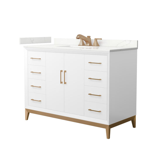 Wyndham Collection Amici 48" Single Bathroom Vanity in White, Giotto Quartz Countertop, Undermount Square Sink (3-Hole), Satin Bronze Trim