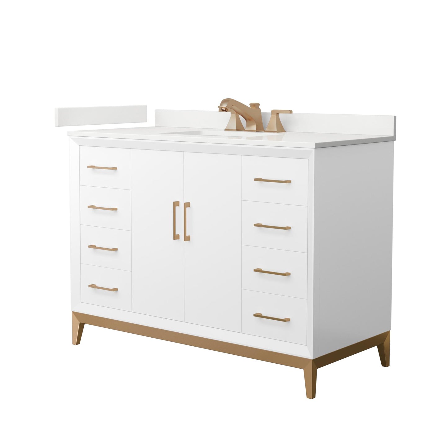 Wyndham Collection Amici 48" Single Bathroom Vanity in White, White Quartz Countertop, Undermount Square Sink (3-Hole), Satin Bronze Trim