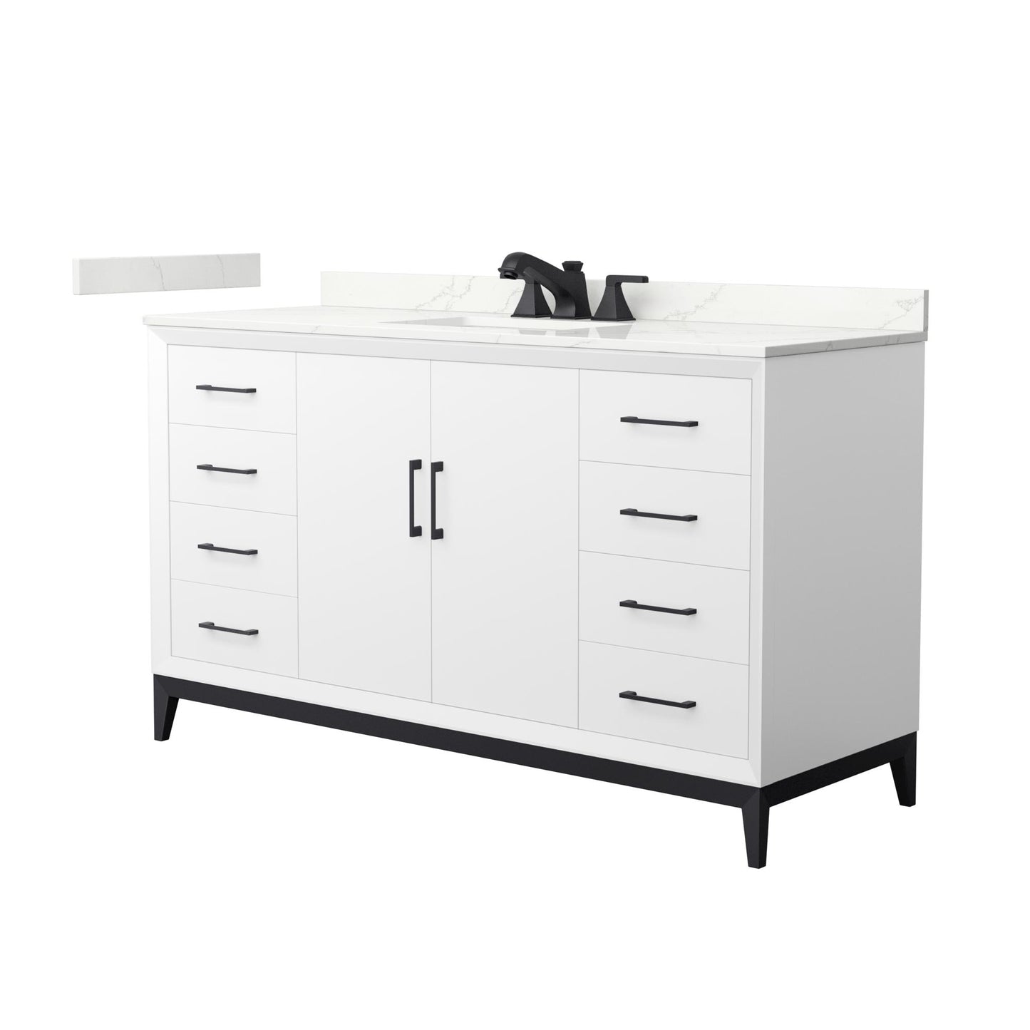 Wyndham Collection Amici 60" Single Bathroom Vanity in White, Giotto Quartz Countertop, Undermount Square Sink (3-Hole), Matte Black Trim