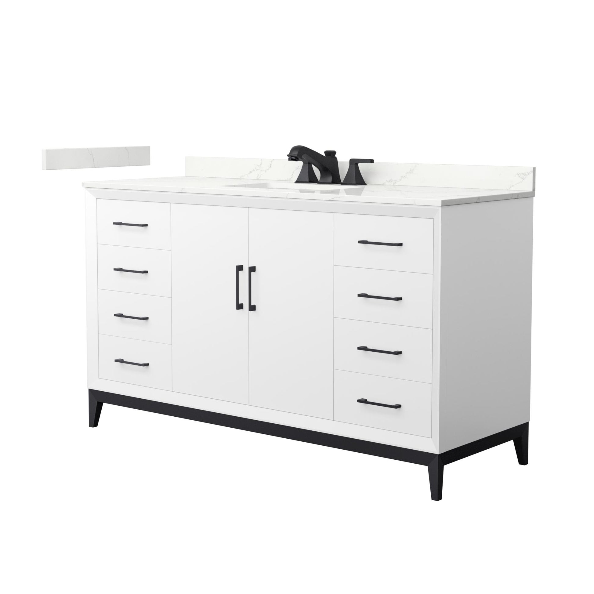Wyndham Collection Amici 60" Single Bathroom Vanity in White, Giotto Quartz Countertop, Undermount Square Sink (3-Hole), Matte Black Trim