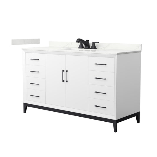 Wyndham Collection Amici 60" Single Bathroom Vanity in White, Giotto Quartz Countertop, Undermount Square Sink (3-Hole), Matte Black Trim