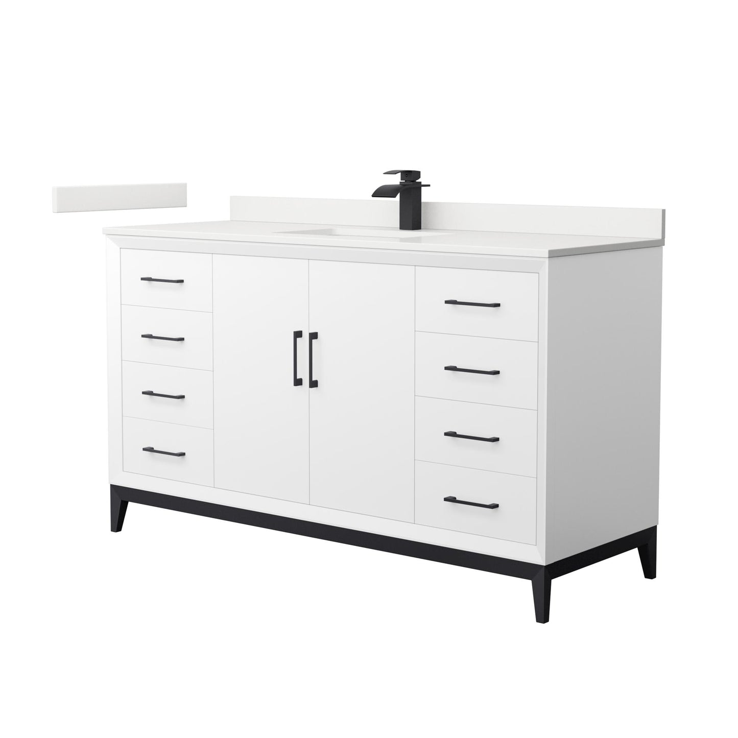 Wyndham Collection Amici 60" Single Bathroom Vanity in White, White Quartz Countertop, Undermount Square Sink (1-Hole), Matte Black Trim