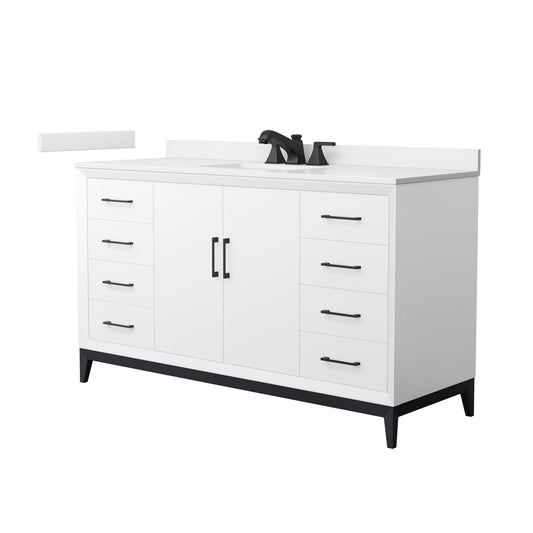 Wyndham Collection Amici 60" Single Bathroom Vanity in White, White Quartz Countertop, Undermount Square Sink (3-Hole), Matte Black Trim