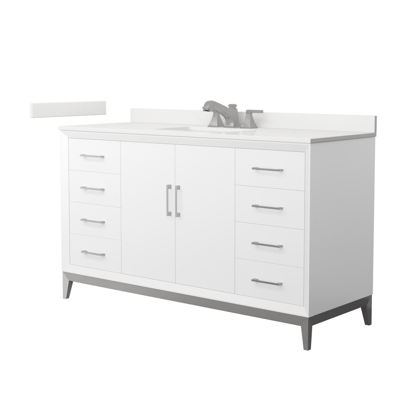 Wyndham Collection Amici 60" Single Bathroom Vanity in White, White Quartz Countertop, Undermount Square Sink (3-Hole), Brushed Nickel Trim