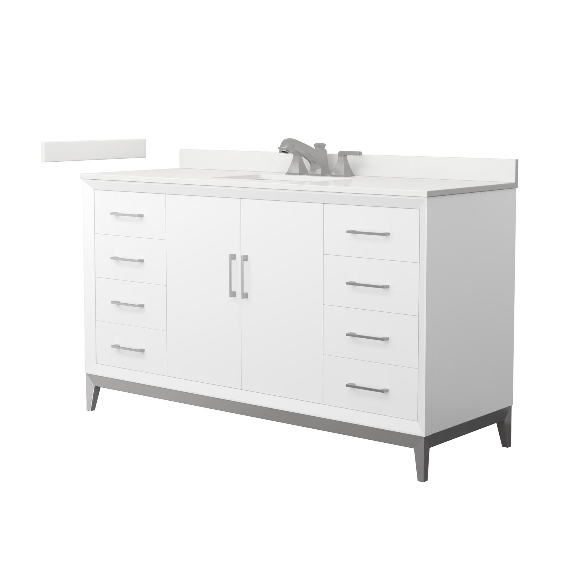 Wyndham Collection Amici 60" Single Bathroom Vanity in White, White Quartz Countertop, Undermount Square Sink (3-Hole), Brushed Nickel Trim