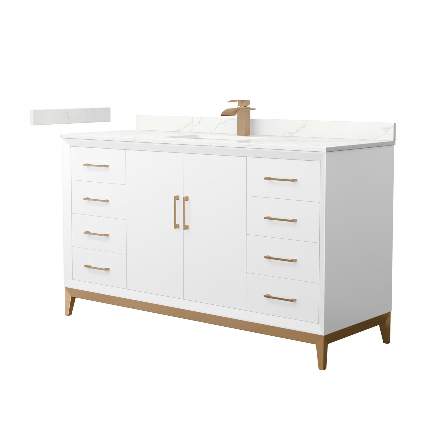 Wyndham Collection Amici 60" Single Bathroom Vanity in White, Giotto Quartz Countertop, Undermount Square Sink (1-Hole), Satin Bronze Trim