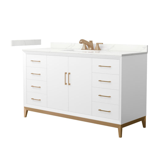 Wyndham Collection Amici 60" Single Bathroom Vanity in White, Giotto Quartz Countertop, Undermount Square Sink (3-Hole), Satin Bronze Trim