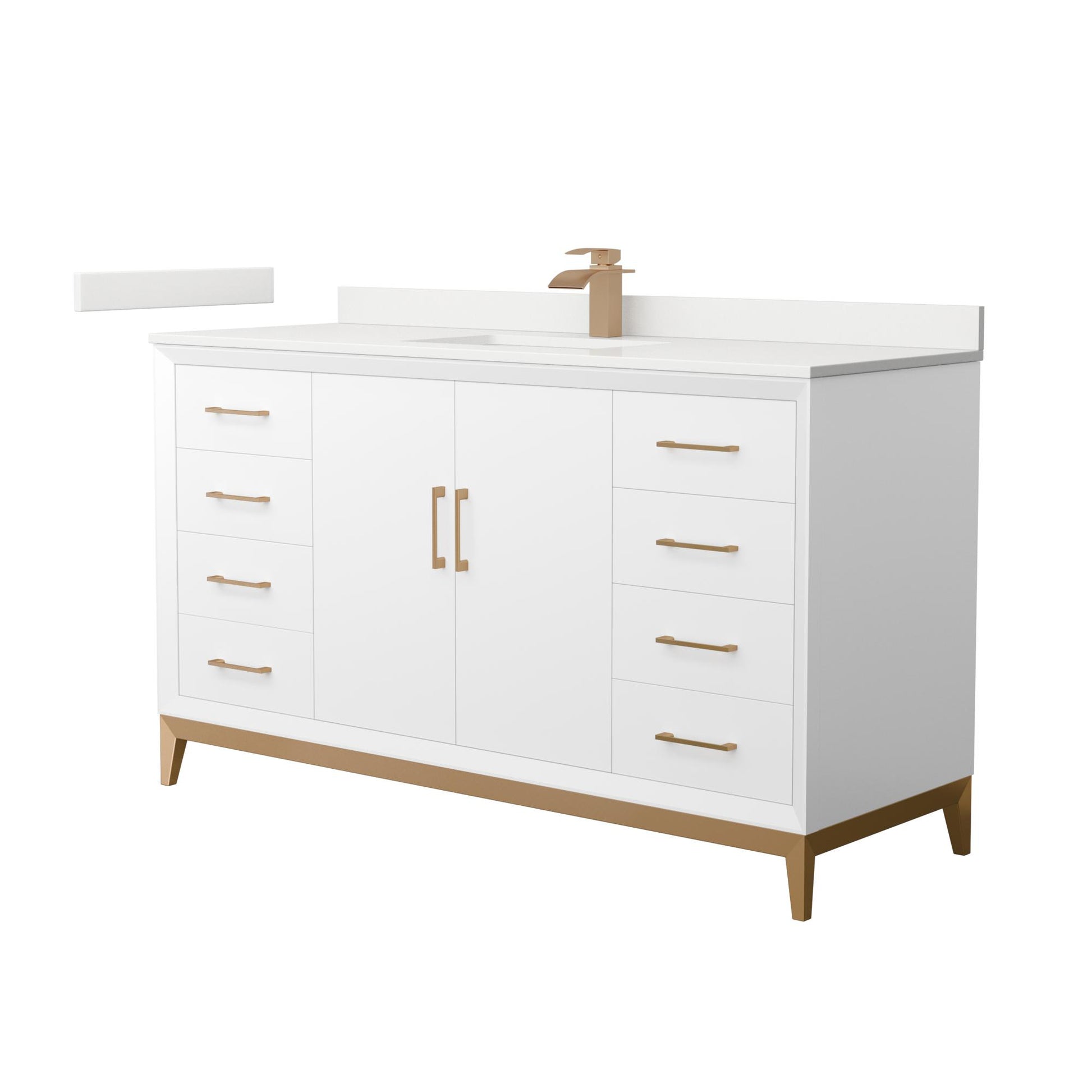 Wyndham Collection Amici 60" Single Bathroom Vanity in White, White Quartz Countertop, Undermount Square Sink (1-Hole), Satin Bronze Trim