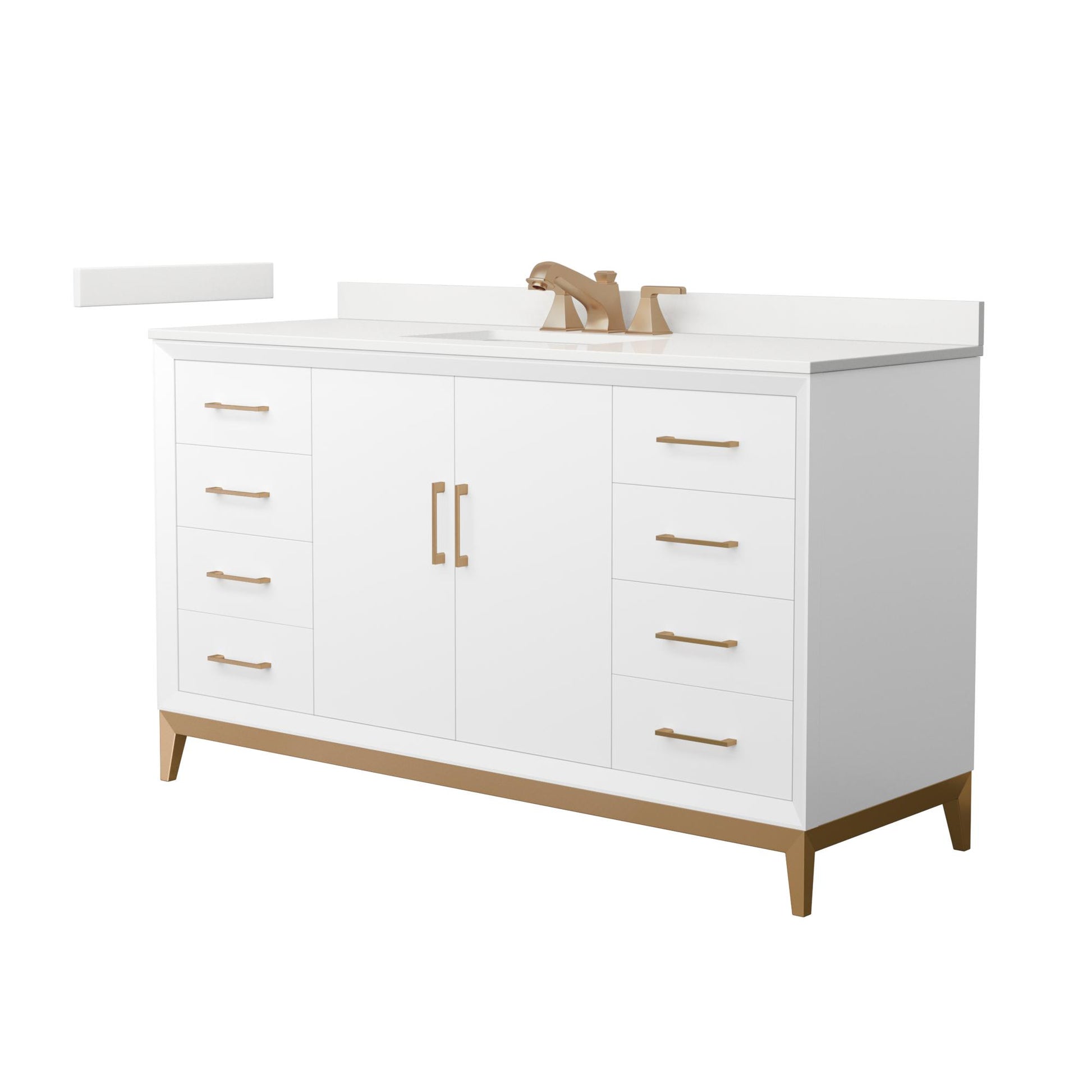 Wyndham Collection Amici 60" Single Bathroom Vanity in White, White Quartz Countertop, Undermount Square Sink (3-Hole), Satin Bronze Trim
