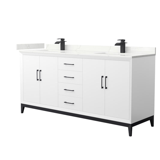 Wyndham Collection Amici 72" Double Bathroom Vanity in White, Giotto Quartz Countertop, Undermount Square Sinks (1-Hole), Matte Black Trim