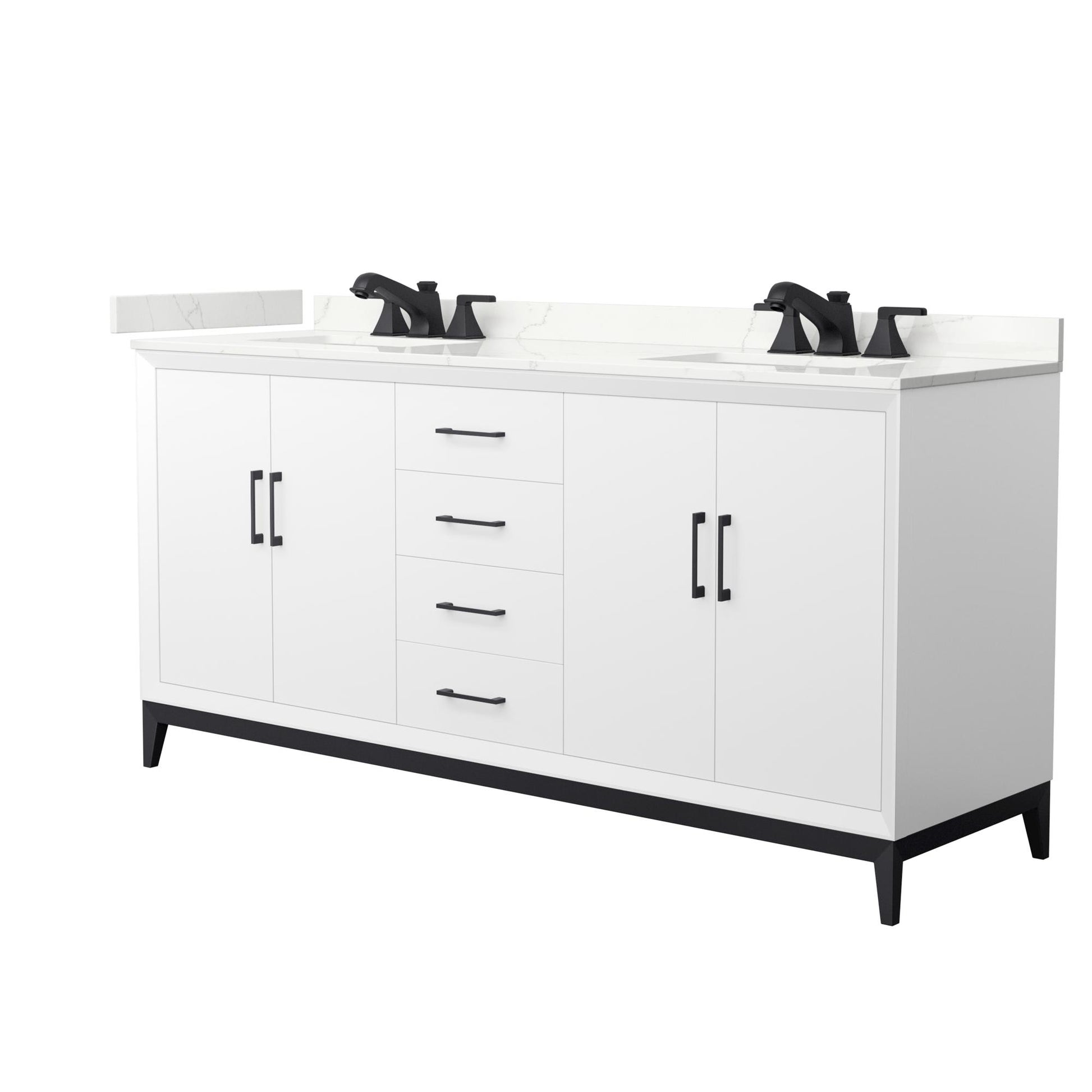 Wyndham Collection Amici 72" Double Bathroom Vanity in White, Giotto Quartz Countertop, Undermount Square Sinks (3-Hole), Matte Black Trim