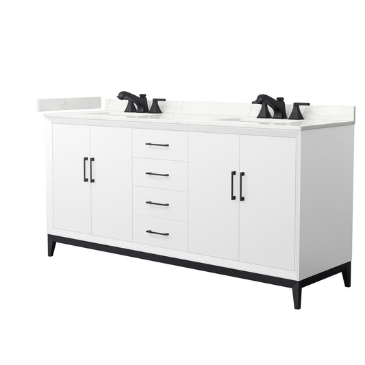 Wyndham Collection Amici 72" Double Bathroom Vanity in White, Giotto Quartz Countertop, Undermount Square Sinks (3-Hole), Matte Black Trim