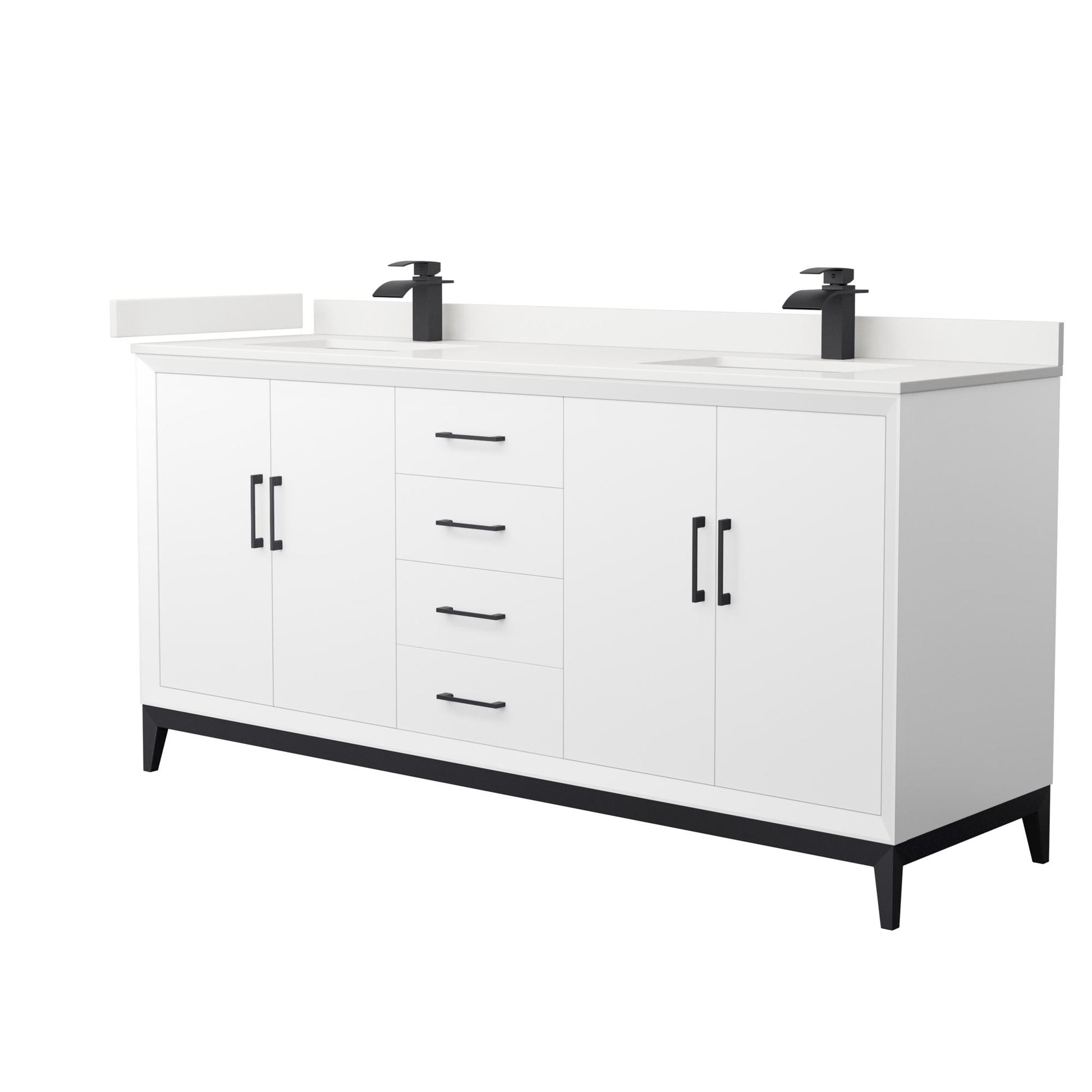 Wyndham Collection Amici 72" Double Bathroom Vanity in White, White Quartz Countertop, Undermount Square Sinks (1-Hole), Matte Black Trim