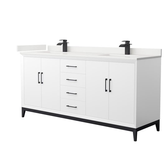 Wyndham Collection Amici 72" Double Bathroom Vanity in White, White Quartz Countertop, Undermount Square Sinks (1-Hole), Matte Black Trim