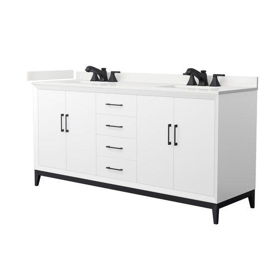 Wyndham Collection Amici 72" Double Bathroom Vanity in White, White Quartz Countertop, Undermount Square Sinks (3-Hole), Matte Black Trim