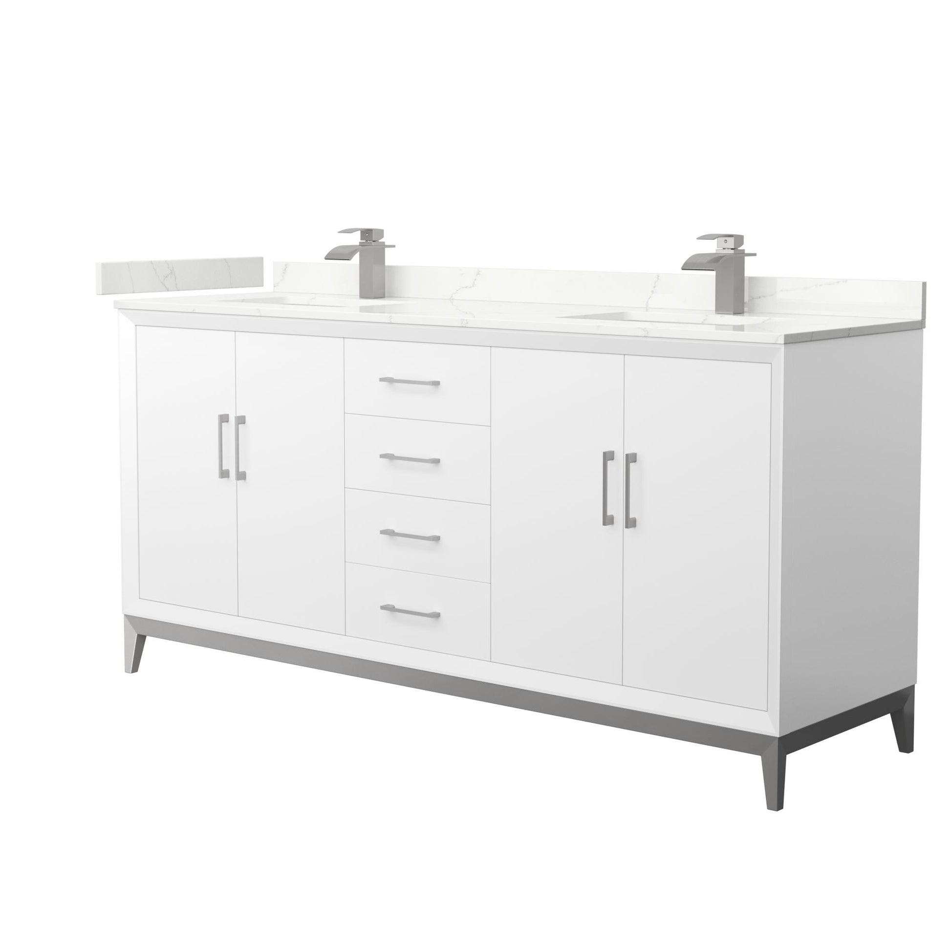 Wyndham Collection Amici 72" Double Bathroom Vanity in White, Giotto Quartz Countertop, Undermount Square Sinks (1-Hole), Brushed Nickel Trim