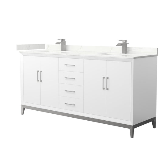 Wyndham Collection Amici 72" Double Bathroom Vanity in White, Giotto Quartz Countertop, Undermount Square Sinks (1-Hole), Brushed Nickel Trim