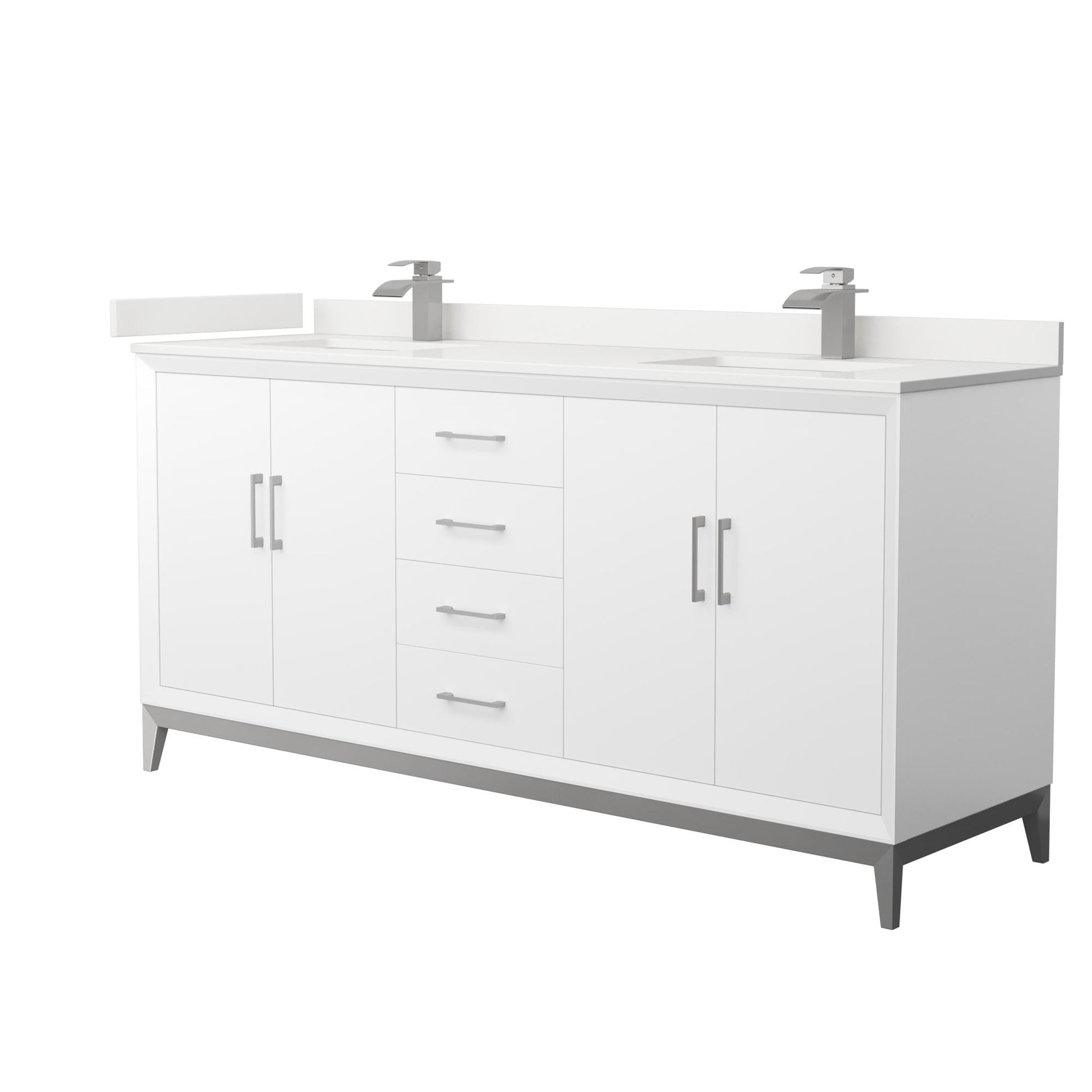 Wyndham Collection Amici 72" Double Bathroom Vanity in White, White Quartz Countertop, Undermount Square Sinks (1-Hole), Brushed Nickel Trim