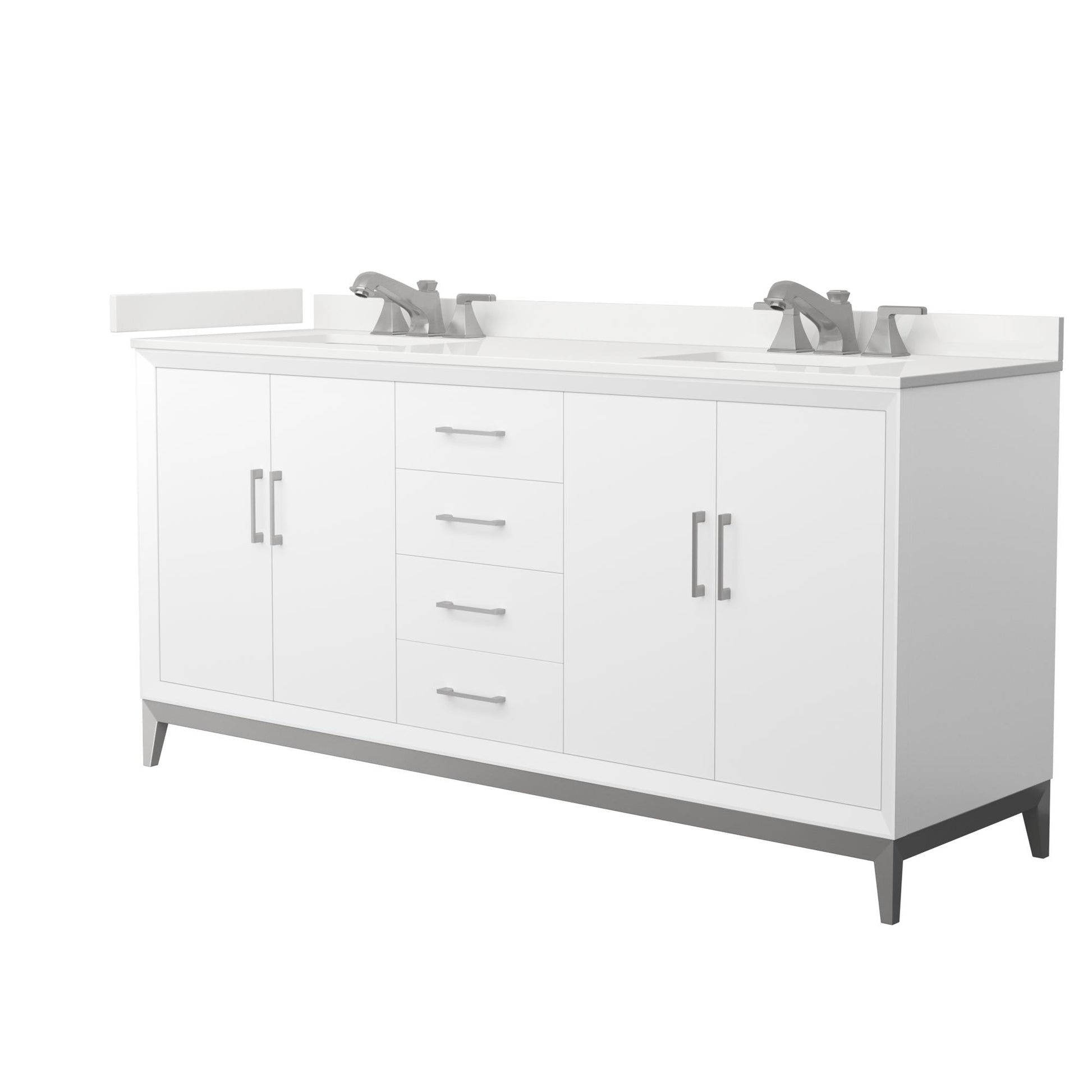 Wyndham Collection Amici 72" Double Bathroom Vanity in White, White Quartz Countertop, Undermount Square Sinks (3-Hole), Brushed Nickel Trim