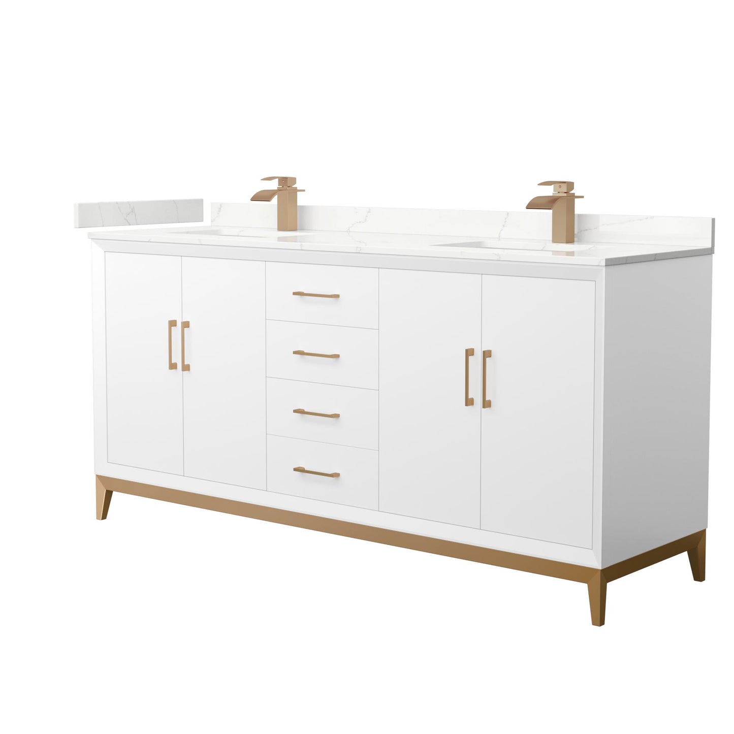 Wyndham Collection Amici 72" Double Bathroom Vanity in White, Giotto Quartz Countertop, Undermount Square Sinks (1-Hole), Satin Bronze Trim