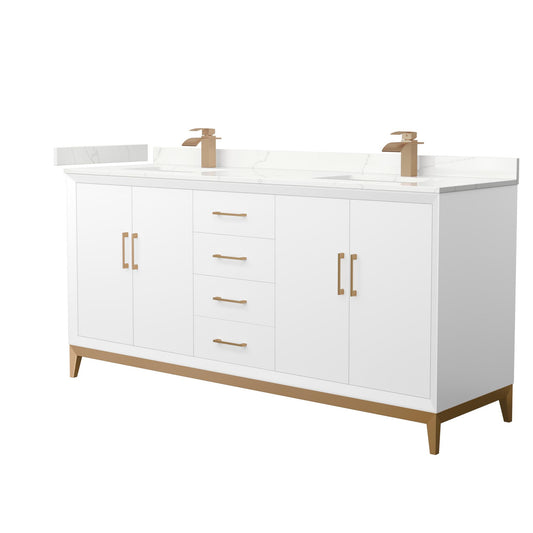 Wyndham Collection Amici 72" Double Bathroom Vanity in White, Giotto Quartz Countertop, Undermount Square Sinks (1-Hole), Satin Bronze Trim