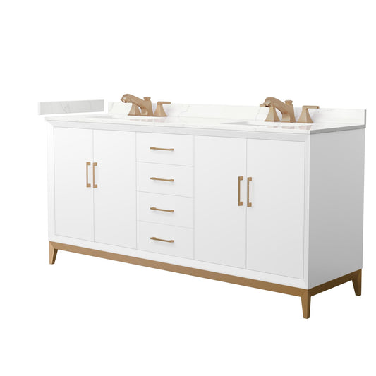 Wyndham Collection Amici 72" Double Bathroom Vanity in White, Giotto Quartz Countertop, Undermount Square Sinks (3-Hole), Satin Bronze Trim