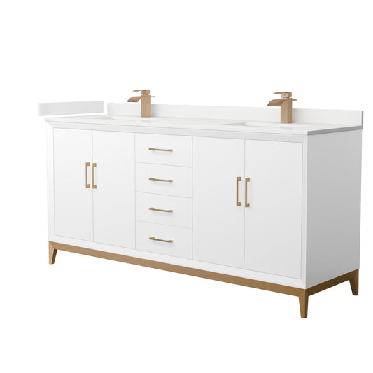 Wyndham Collection Amici 72" Double Bathroom Vanity in White, White Quartz Countertop, Undermount Square Sinks (1-Hole), Satin Bronze Trim