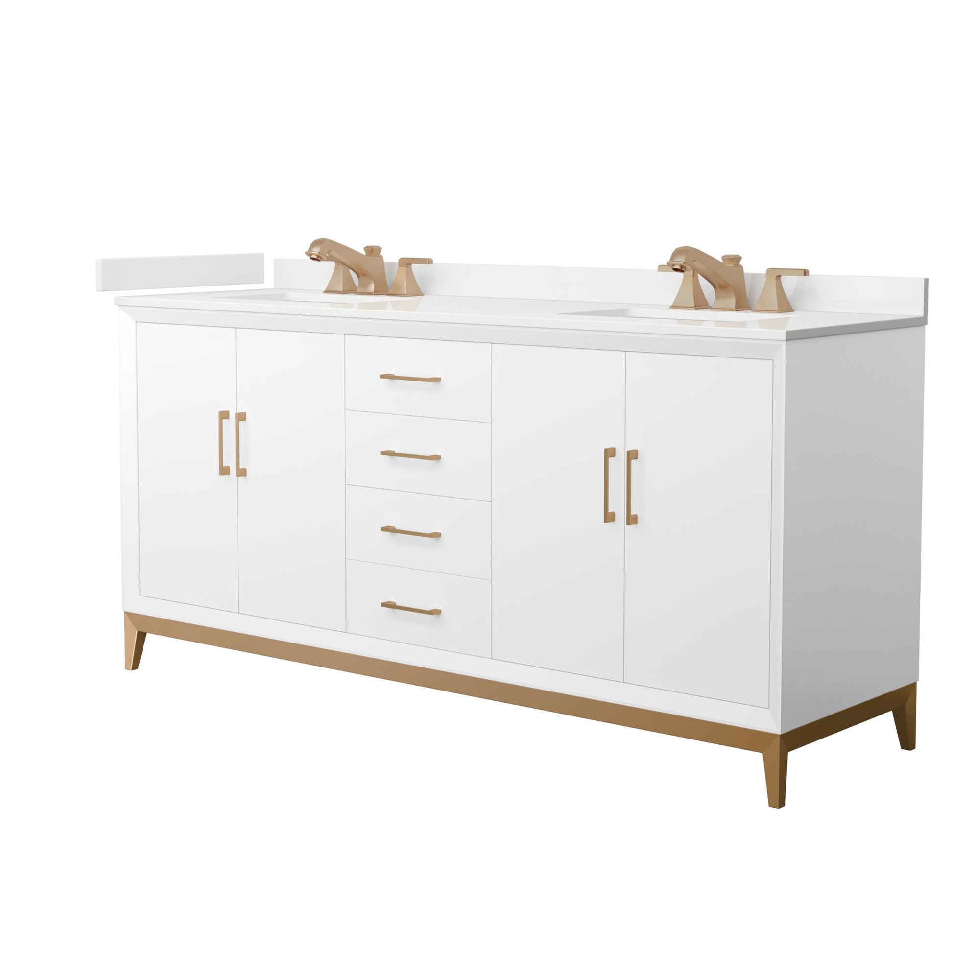 Wyndham Collection Amici 72" Double Bathroom Vanity in White, White Quartz Countertop, Undermount Square Sinks (3-Hole), Satin Bronze Trim