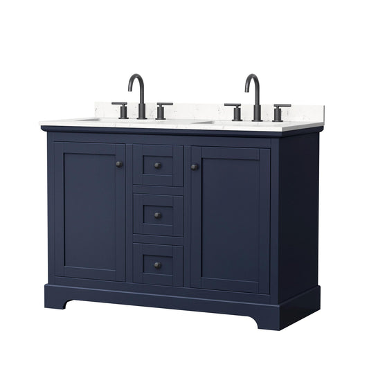 Wyndham Collection Avery 48" Double Bathroom Vanity in Dark Blue, Carrara Cultured Marble Countertop, Undermount Square Sinks (3-Hole), Matte Black Trim