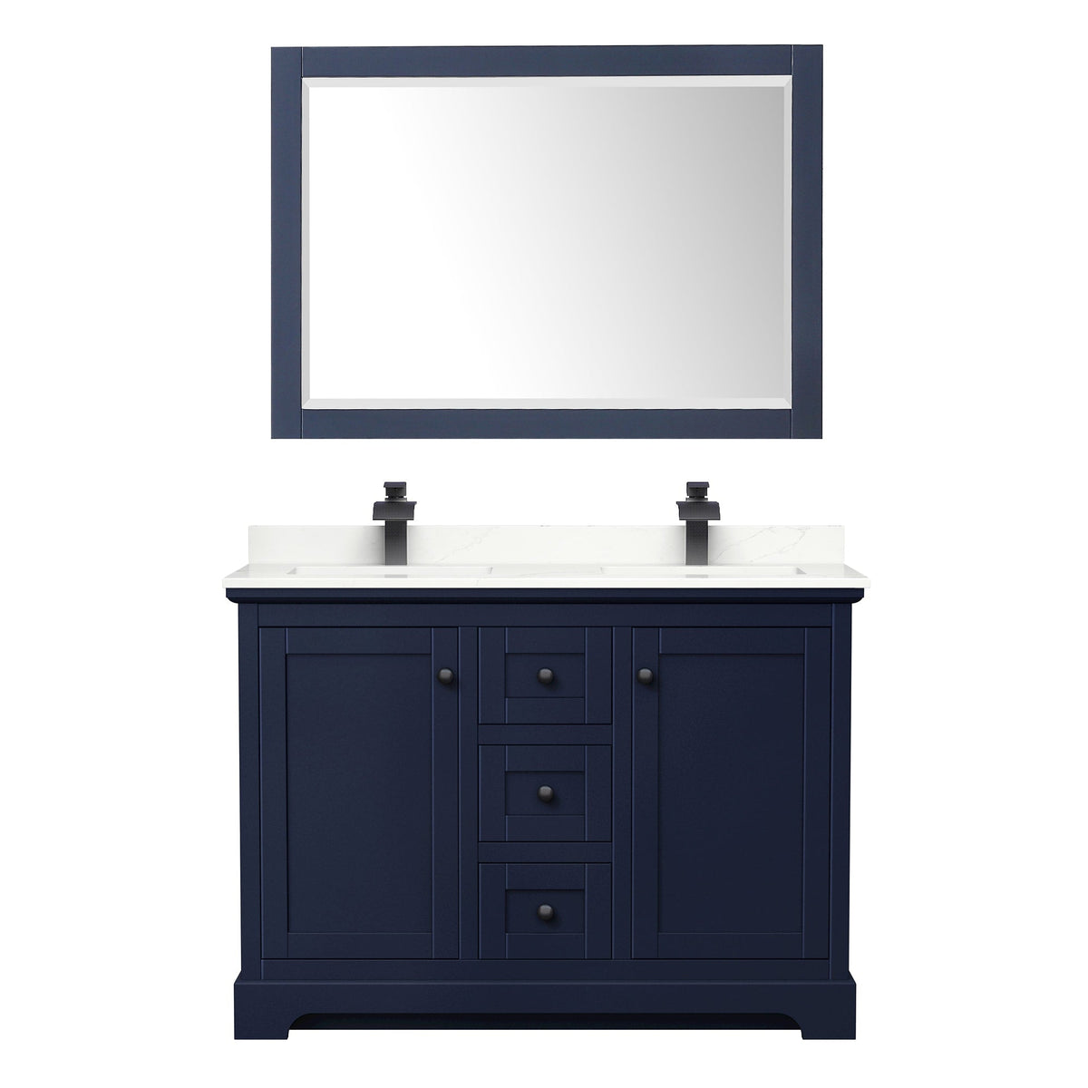 Wyndham Collection Avery 48" Double Bathroom Vanity in Dark Blue, Giotto Quartz Countertop, Undermount Square Sinks (1-Hole), Matte Black Trim and 46" Mirror