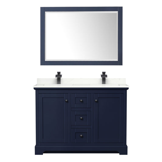 Wyndham Collection Avery 48" Double Bathroom Vanity in Dark Blue, Giotto Quartz Countertop, Undermount Square Sinks (1-Hole), Matte Black Trim and 46" Mirror