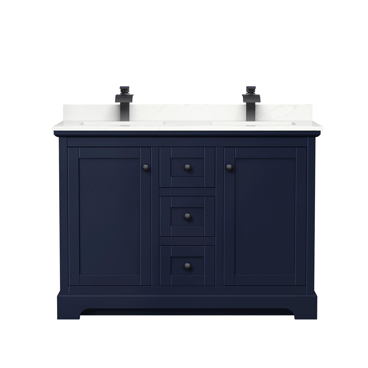 Wyndham Collection Avery 48" Double Bathroom Vanity in Dark Blue, Giotto Quartz Countertop, Undermount Square Sinks (1-Hole), Matte Black Trim