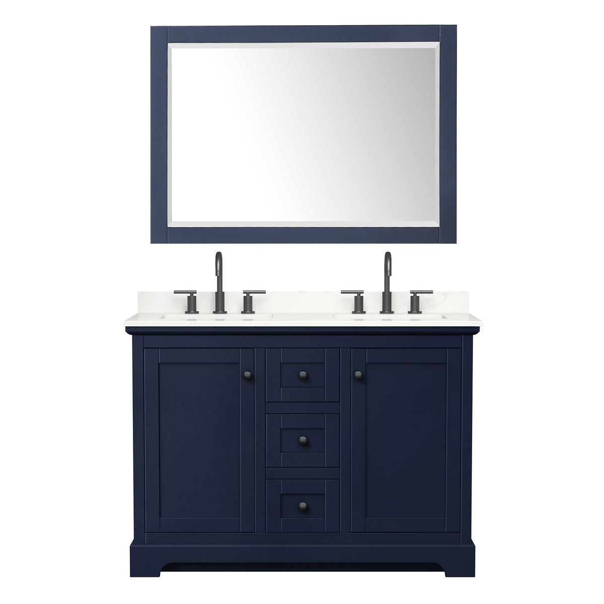 Wyndham Collection Avery 48" Double Bathroom Vanity in Dark Blue, Giotto Quartz Countertop, Undermount Square Sinks (3-Hole), Matte Black Trim and 46" Mirror