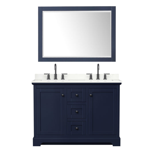 Wyndham Collection Avery 48" Double Bathroom Vanity in Dark Blue, Giotto Quartz Countertop, Undermount Square Sinks (3-Hole), Matte Black Trim and 46" Mirror