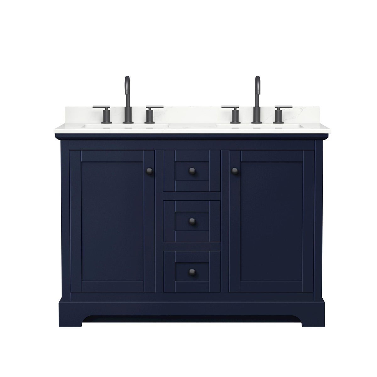Wyndham Collection Avery 48" Double Bathroom Vanity in Dark Blue, Giotto Quartz Countertop, Undermount Square Sinks (3-Hole), Matte Black Trim
