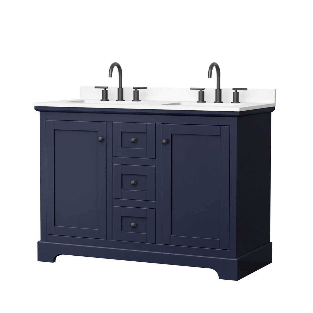 Wyndham Collection Avery 48" Double Bathroom Vanity in Dark Blue, White Cultured Marble Countertop, Undermount Square Sinks (3-Hole), Matte Black Trim