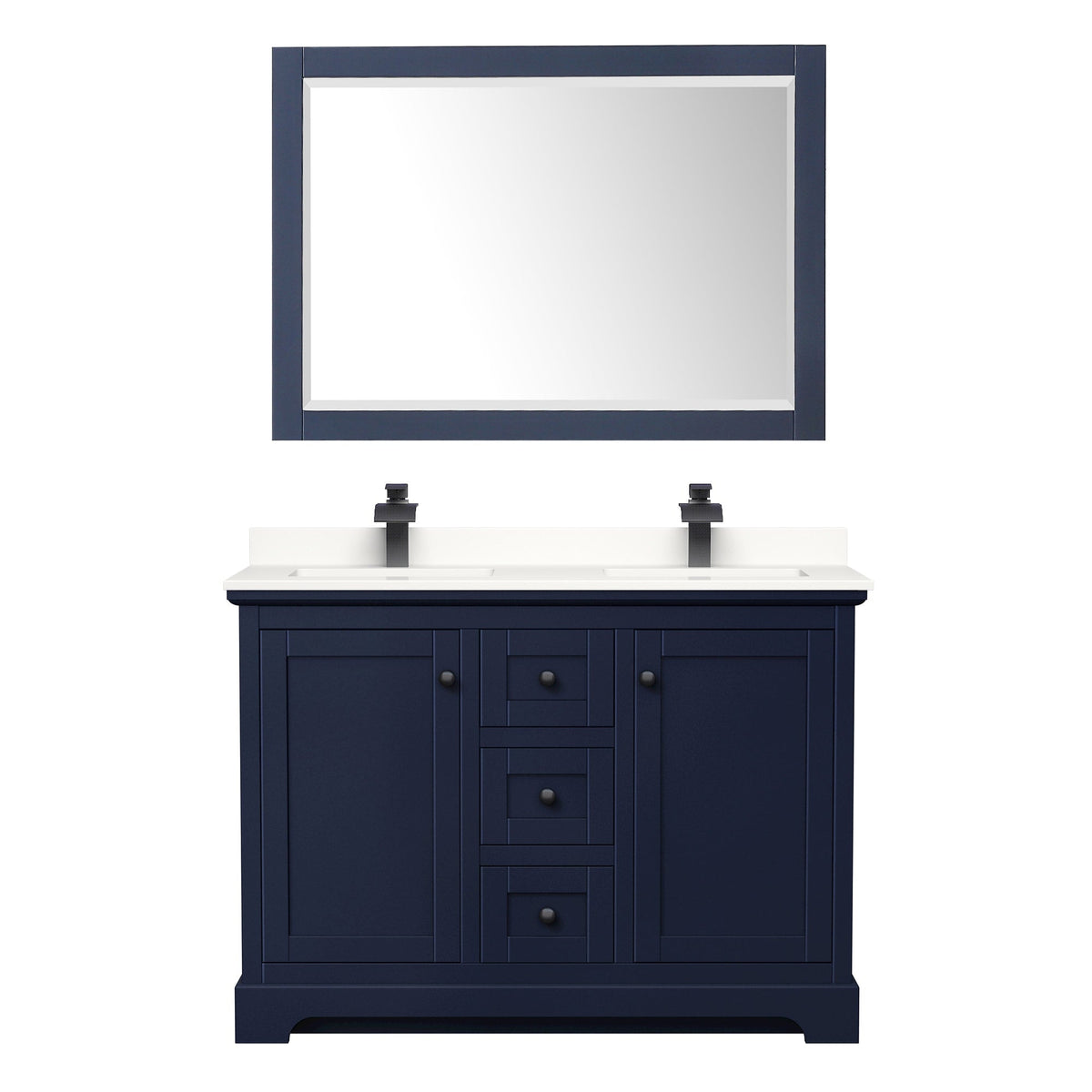 Wyndham Collection Avery 48" Double Bathroom Vanity in Dark Blue, White Quartz Countertop, Undermount Square Sinks (1-Hole), Matte Black Trim and 46" Mirror