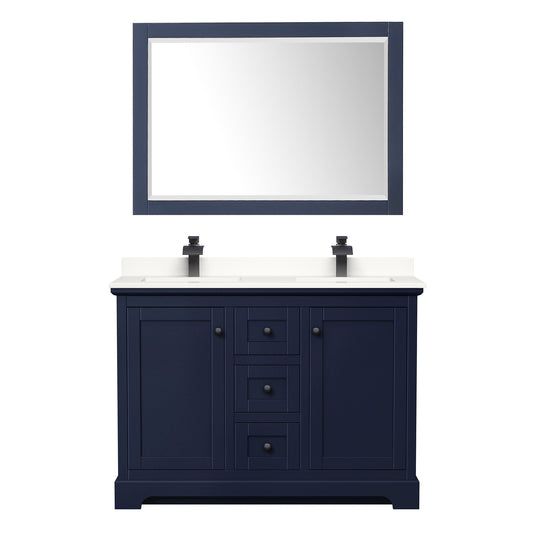 Wyndham Collection Avery 48" Double Bathroom Vanity in Dark Blue, White Quartz Countertop, Undermount Square Sinks (1-Hole), Matte Black Trim and 46" Mirror