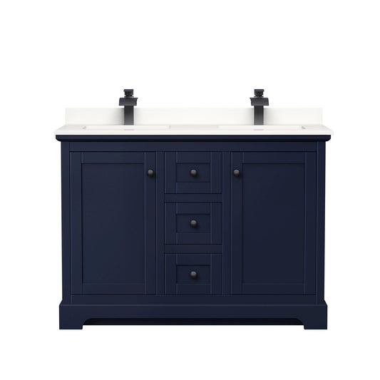 Wyndham Collection Avery 48" Double Bathroom Vanity in Dark Blue, White Quartz Countertop, Undermount Square Sinks (1-Hole), Matte Black Trim
