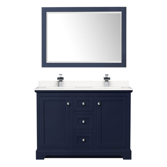 Wyndham Collection Avery 48" Double Bathroom Vanity in Dark Blue, Carrara Cultured Marble Countertop, Undermount Square Sinks (1-Hole), Polished Chrome Trim and 46" Mirror