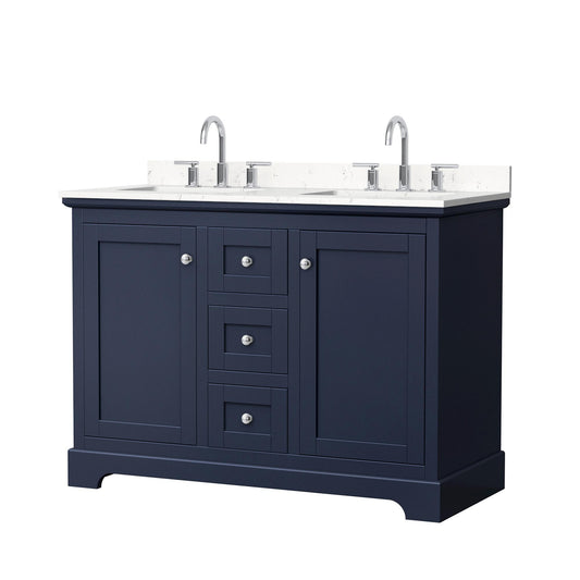 Wyndham Collection Avery 48" Double Bathroom Vanity in Dark Blue, Carrara Cultured Marble Countertop, Undermount Square Sinks (3-Hole), Polished Chrome Trim