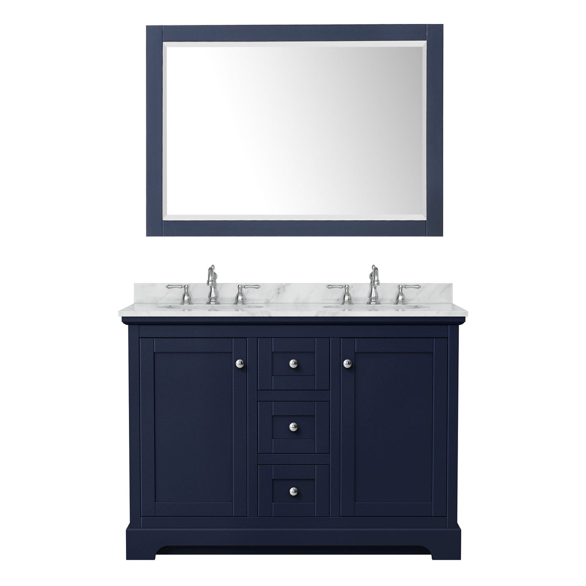 Wyndham Collection Avery 48" Double Bathroom Vanity in Dark Blue, White Carrara Marble Countertop, Undermount Oval Sinks (3-Hole), Polished Chrome Trim and 46" Mirror