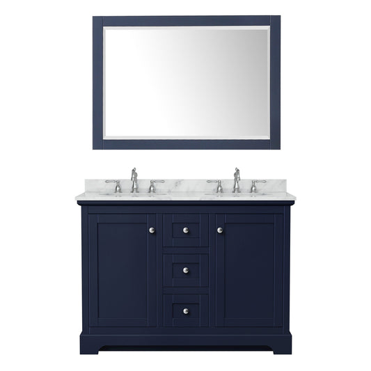 Wyndham Collection Avery 48" Double Bathroom Vanity in Dark Blue, White Carrara Marble Countertop, Undermount Oval Sinks (3-Hole), Polished Chrome Trim and 46" Mirror