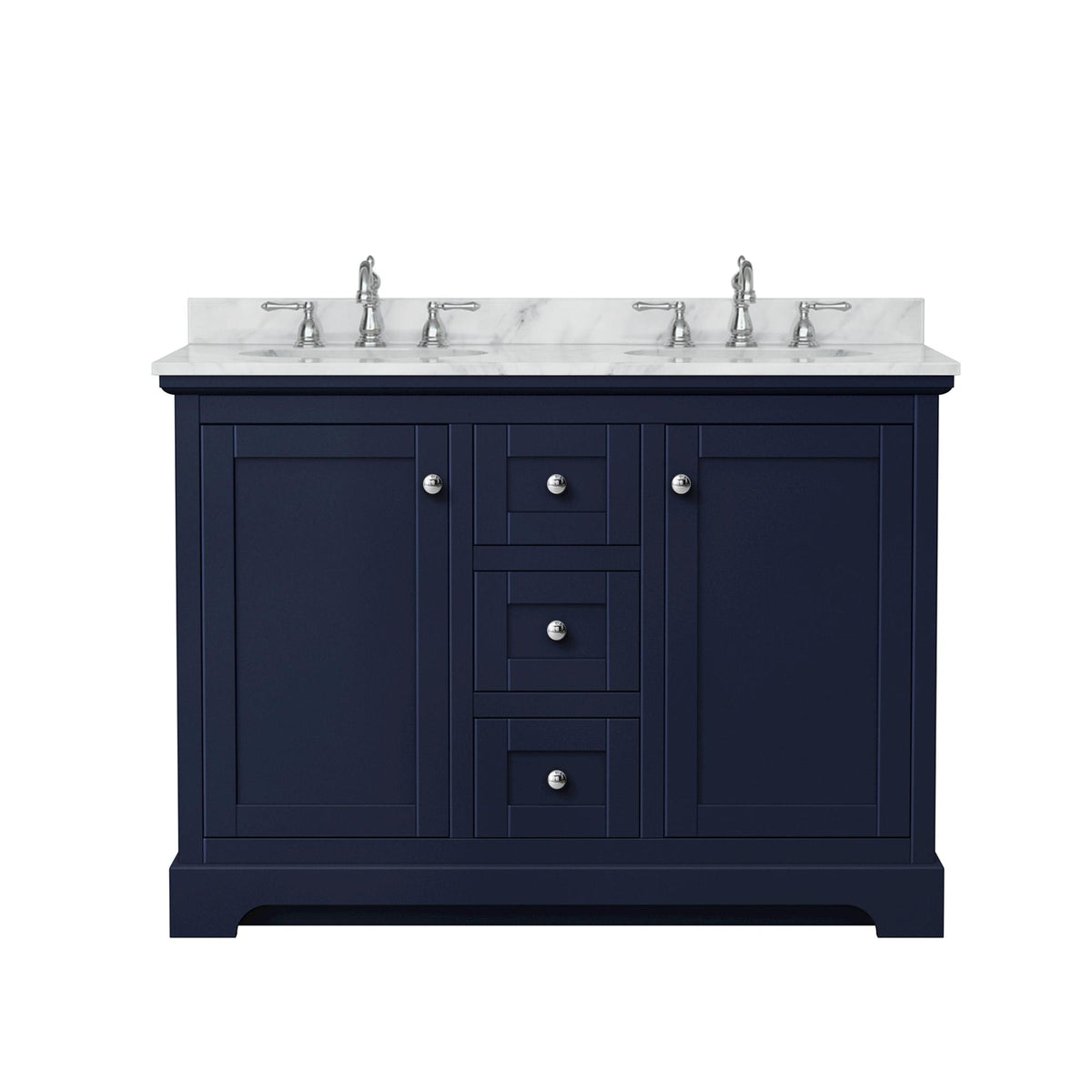 Wyndham Collection Avery 48" Double Bathroom Vanity in Dark Blue, White Carrara Marble Countertop, Undermount Oval Sinks (3-Hole), Polished Chrome Trim