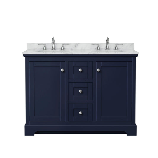 Wyndham Collection Avery 48" Double Bathroom Vanity in Dark Blue, White Carrara Marble Countertop, Undermount Oval Sinks (3-Hole), Polished Chrome Trim