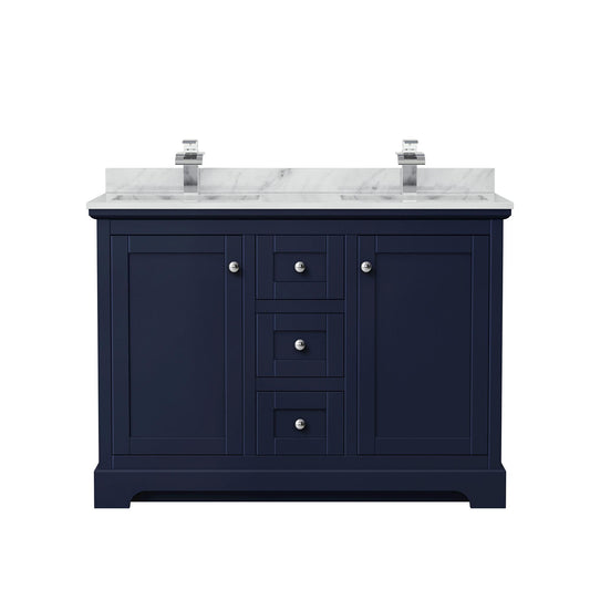 Wyndham Collection Avery 48" Double Bathroom Vanity in Dark Blue, White Carrara Marble Countertop, Undermount Square Sinks (1-Hole), Polished Chrome Trim
