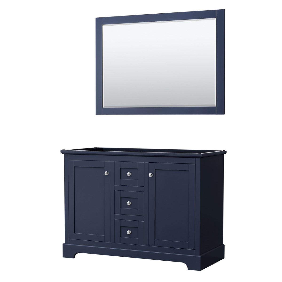 Wyndham Collection Avery 48" Double Bathroom Vanity in Dark Blue, No Countertop, No Sinks, Polished Chrome Trim and 46" Mirror