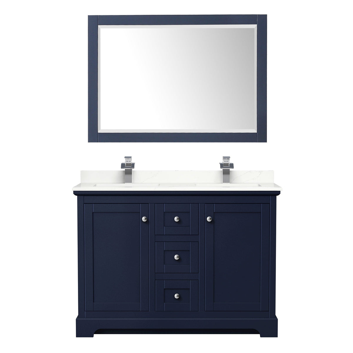Wyndham Collection Avery 48" Double Bathroom Vanity in Dark Blue, Giotto Quartz Countertop, Undermount Square Sinks (1-Hole), Polished Chrome Trim and 46" Mirror