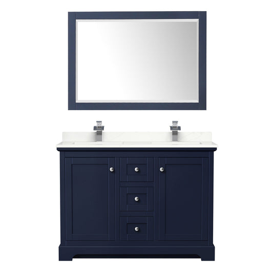 Wyndham Collection Avery 48" Double Bathroom Vanity in Dark Blue, Giotto Quartz Countertop, Undermount Square Sinks (1-Hole), Polished Chrome Trim and 46" Mirror
