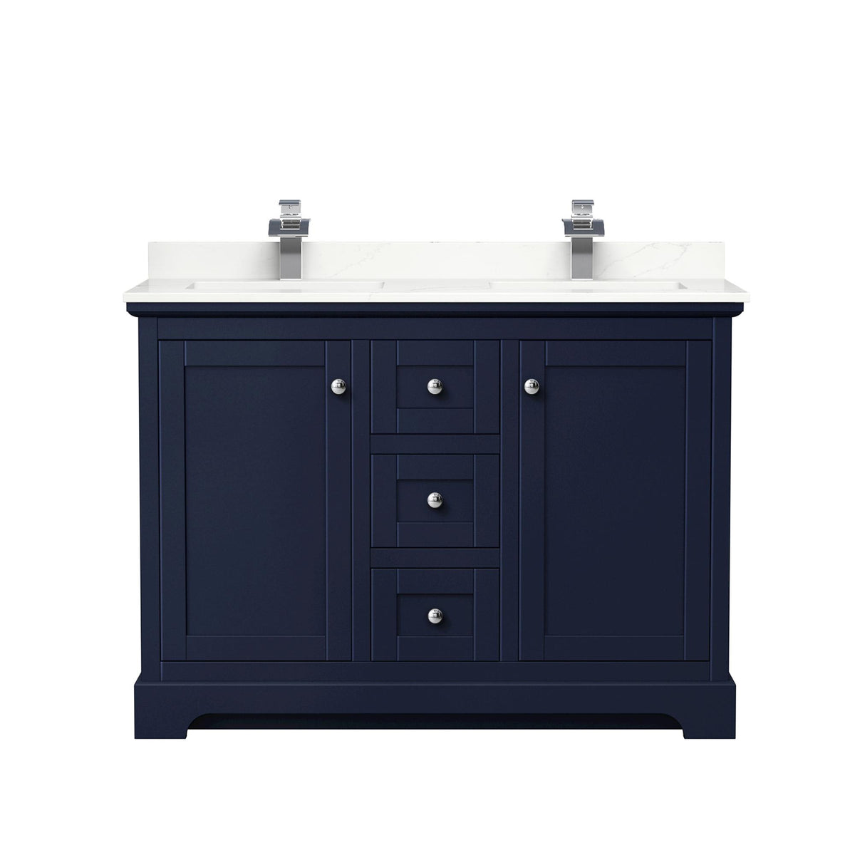 Wyndham Collection Avery 48" Double Bathroom Vanity in Dark Blue, Giotto Quartz Countertop, Undermount Square Sinks (1-Hole), Polished Chrome Trim